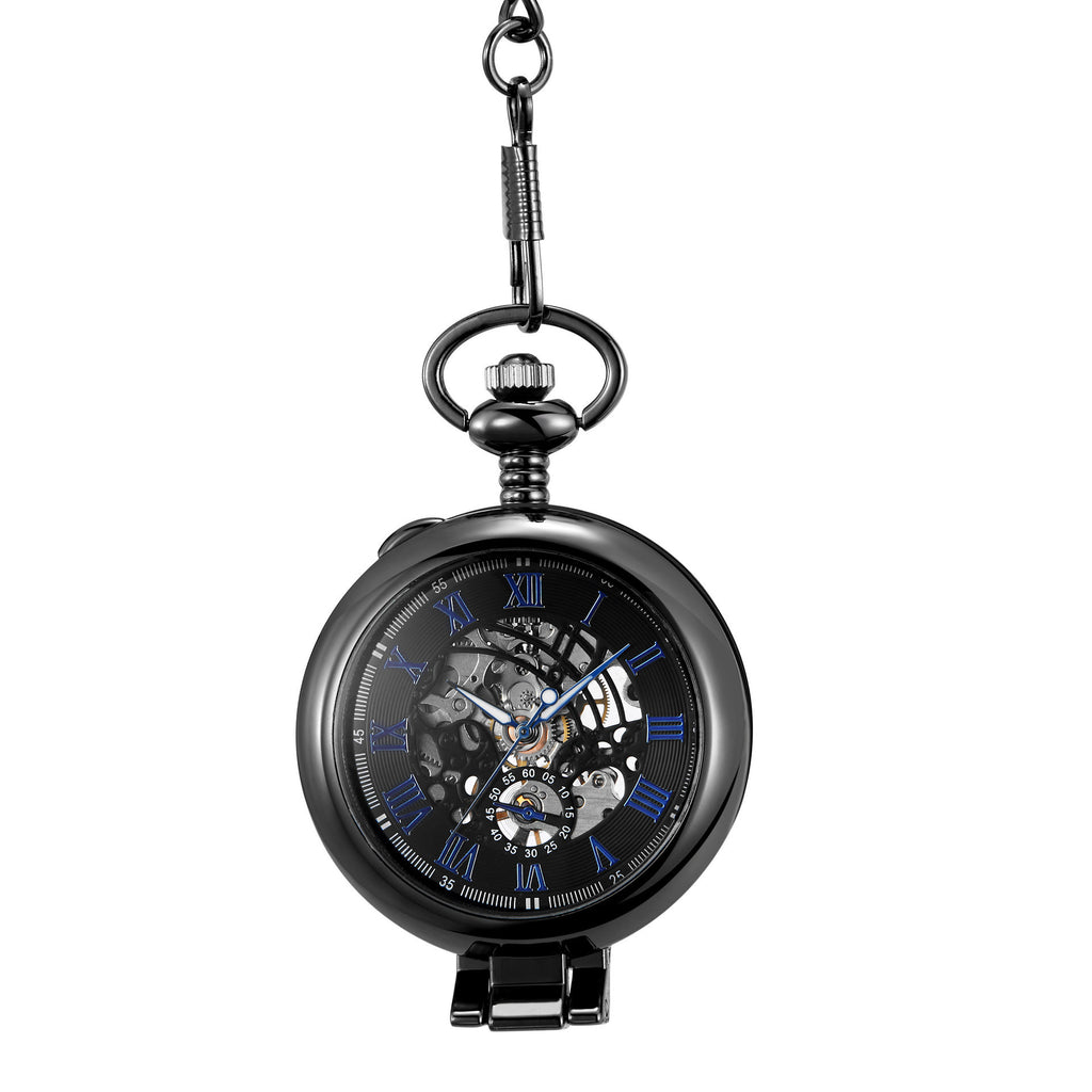 Hollowed-out Magnifying-glass Flip Mechanical Pocket Watch Black