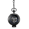 Hollowed-out Magnifying-glass Flip Mechanical Pocket Watch Black