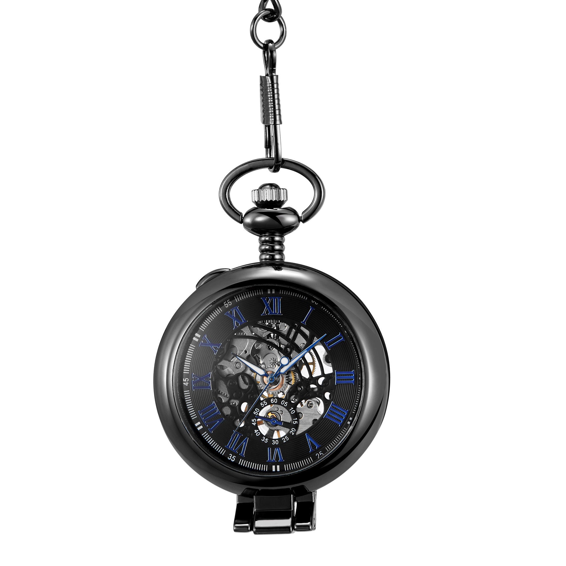 Hollowed-out Magnifying-glass Flip Mechanical Pocket Watch Black