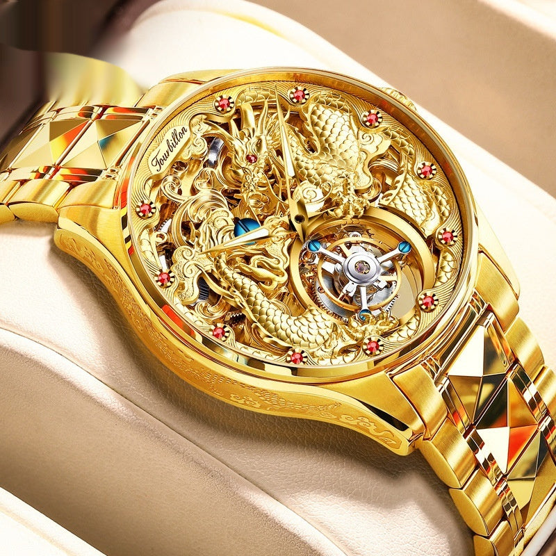 Luxury Golden Water-Resistant Watch With Tourbillon Steel Gold