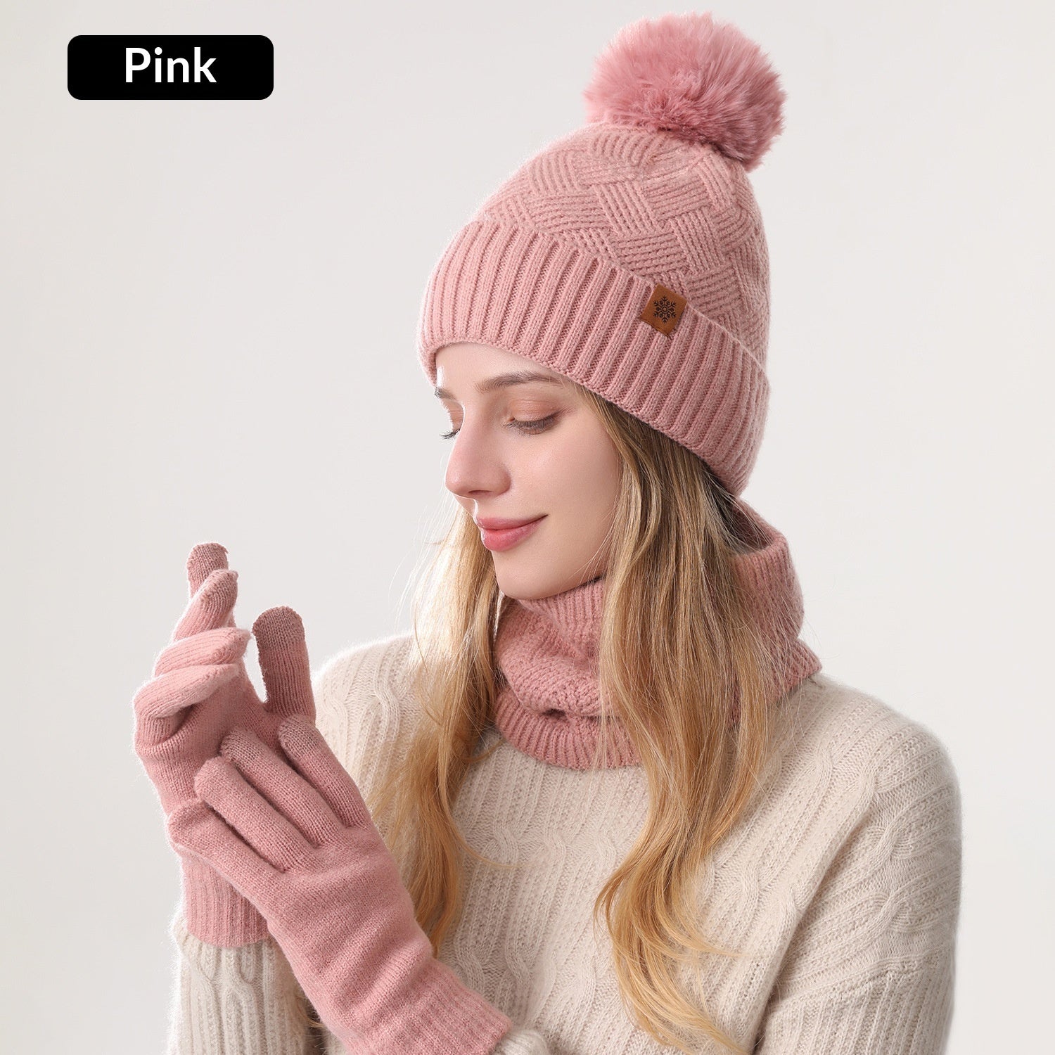 Ladies' Knitted Outdoor Warm Knitted Hat Scarf And Gloves Three-Piece Set Pink