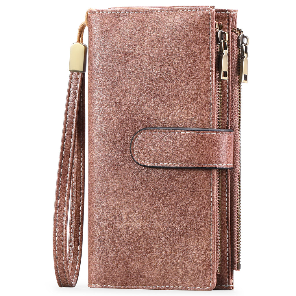 Womens Long Wallet Multi-functional Vintage Tri-fold Purse Rouge Pink