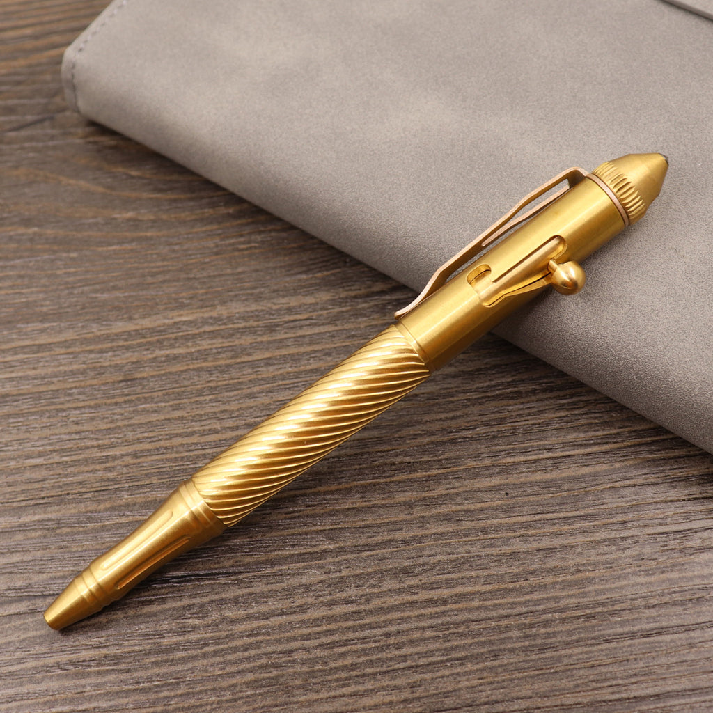 Retro Pure Copper Bolt Type Metal Tactical Pen Brushed Brass Natural Color