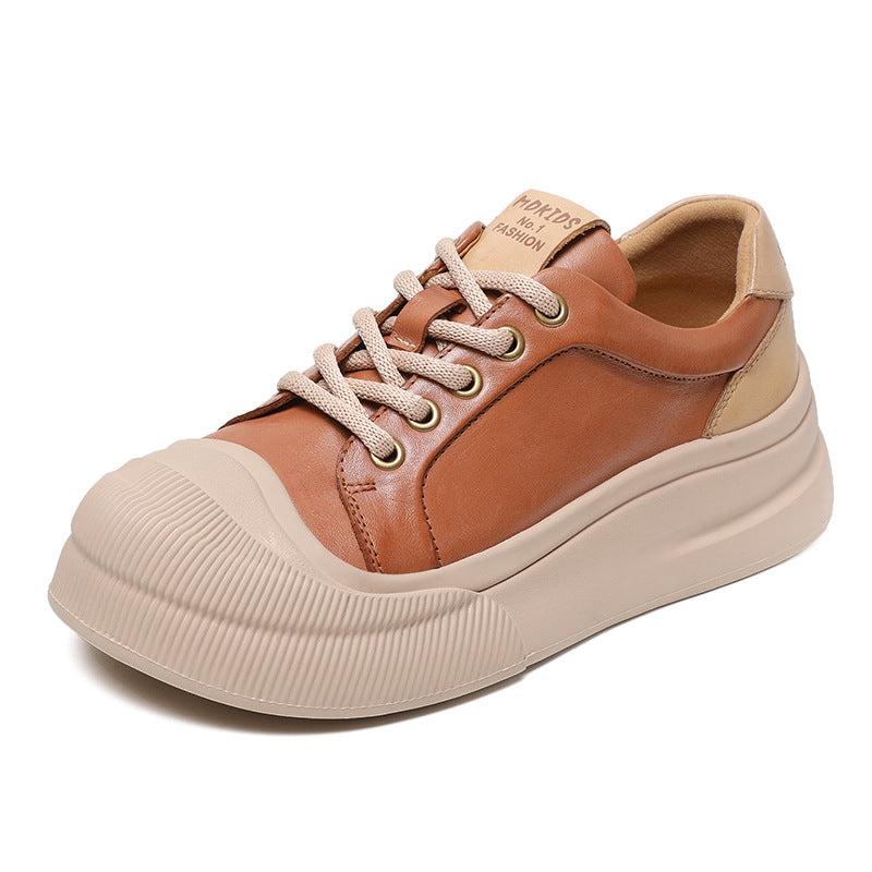 Leather Platform Biscuit Round Toe Platform Brown