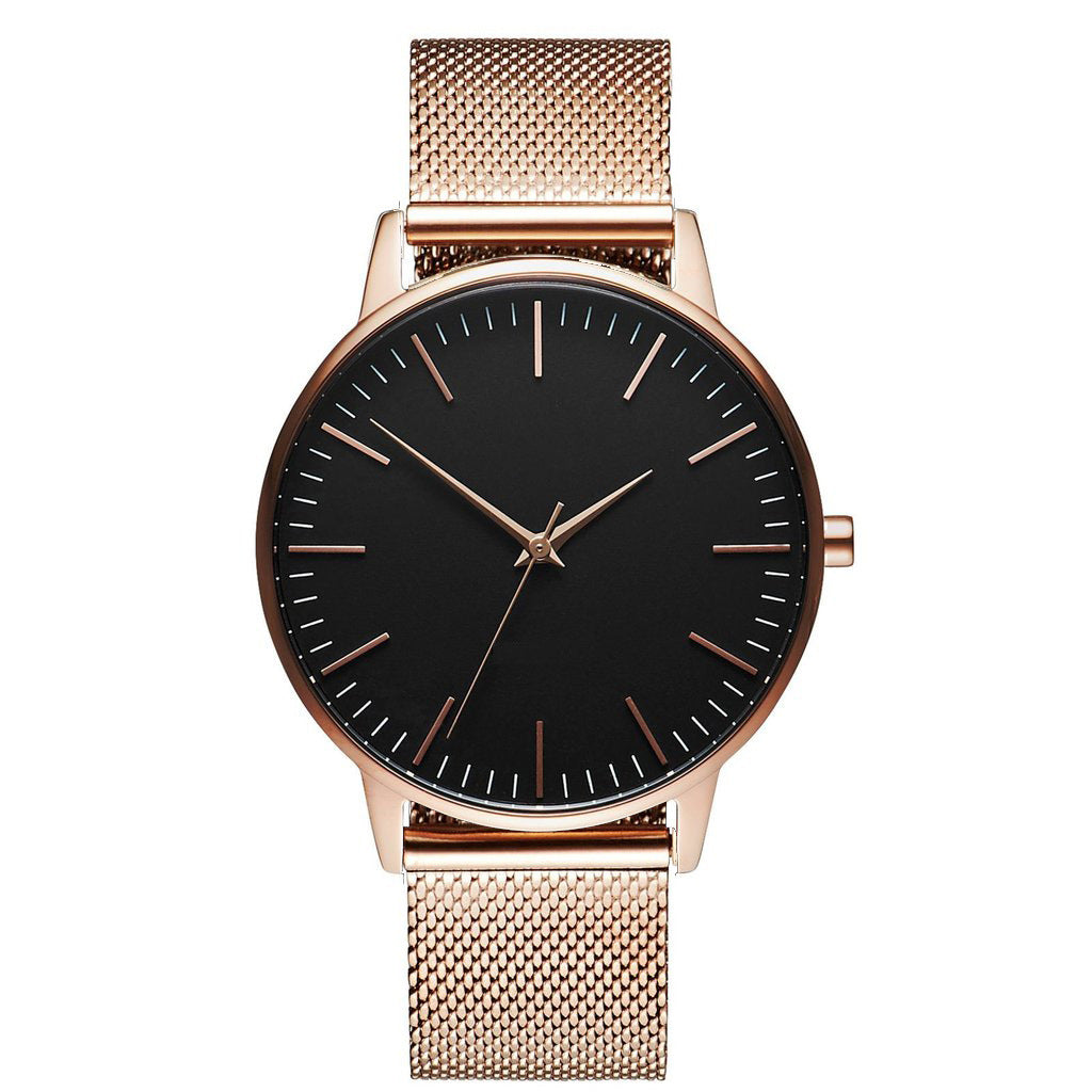 Casual Ultra-thin Fashion Quartz Watch With A Metal Mesh Band Rose Gold Black Surface