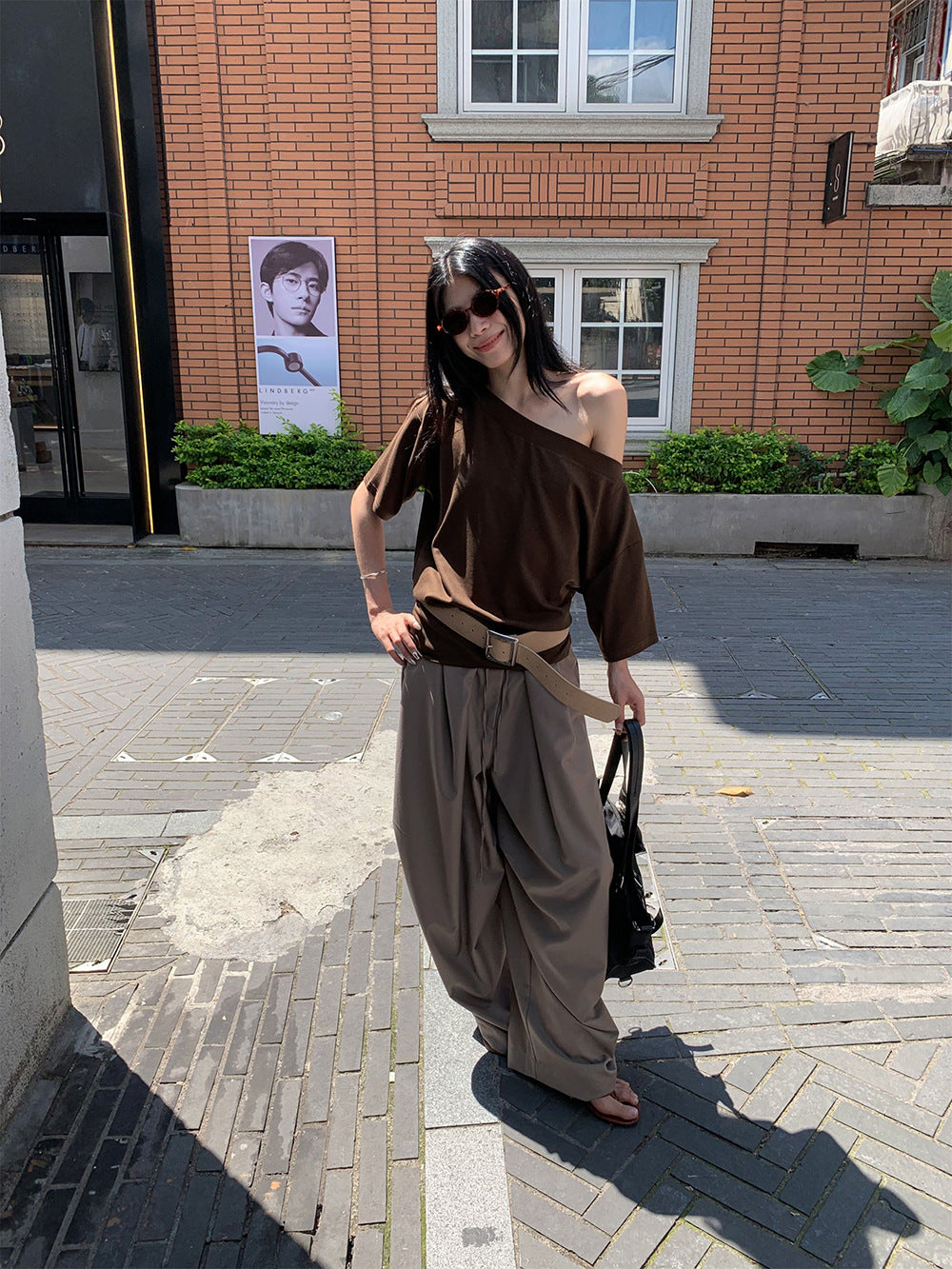Chic Pleated Wide-leg Pants Brown