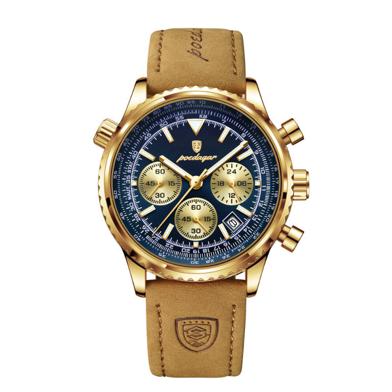 Quartz Wristwatch Waterproof Watch Mens Gold case blue dial leather