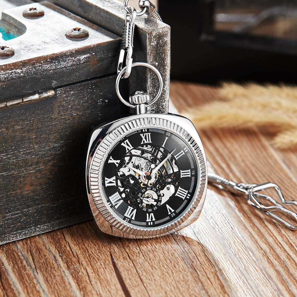 Classic Retro Pocket Watch With A Chain Silver Case Black Noodles