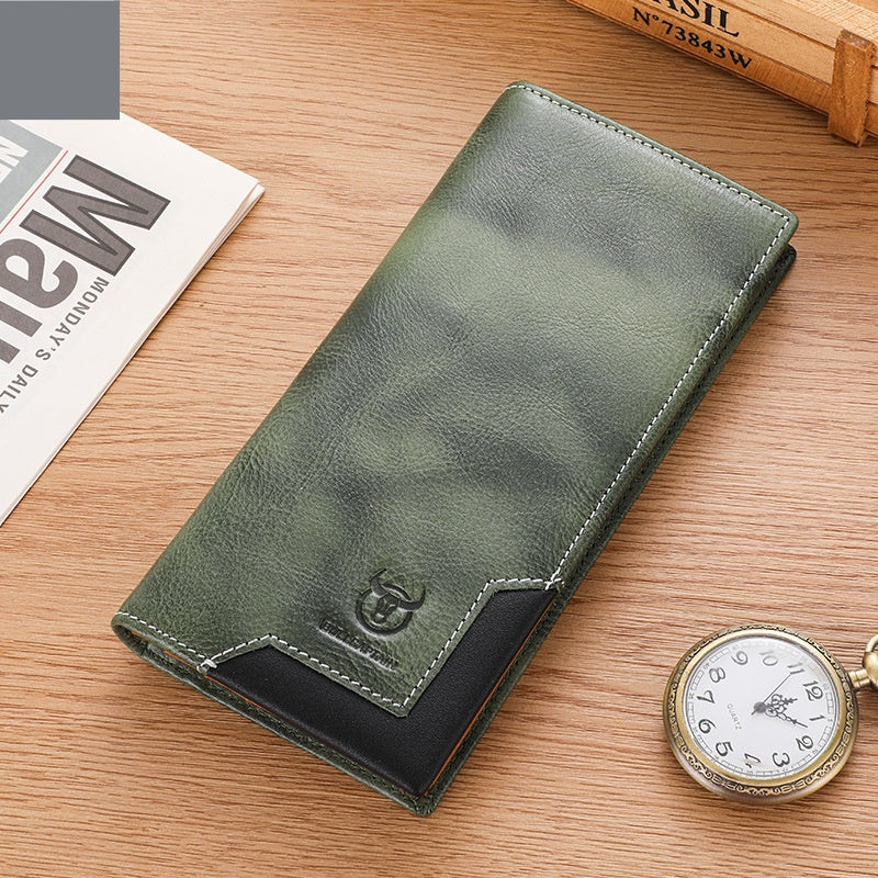 Captain Niu Oil-Waxed Leather Retro First-Layer Cowhide Bifold Large-Capacity Mens Wallet Flame Green