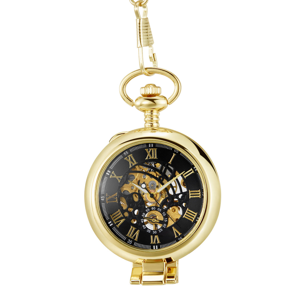 Hollowed-out Magnifying-glass Flip Mechanical Pocket Watch Gold