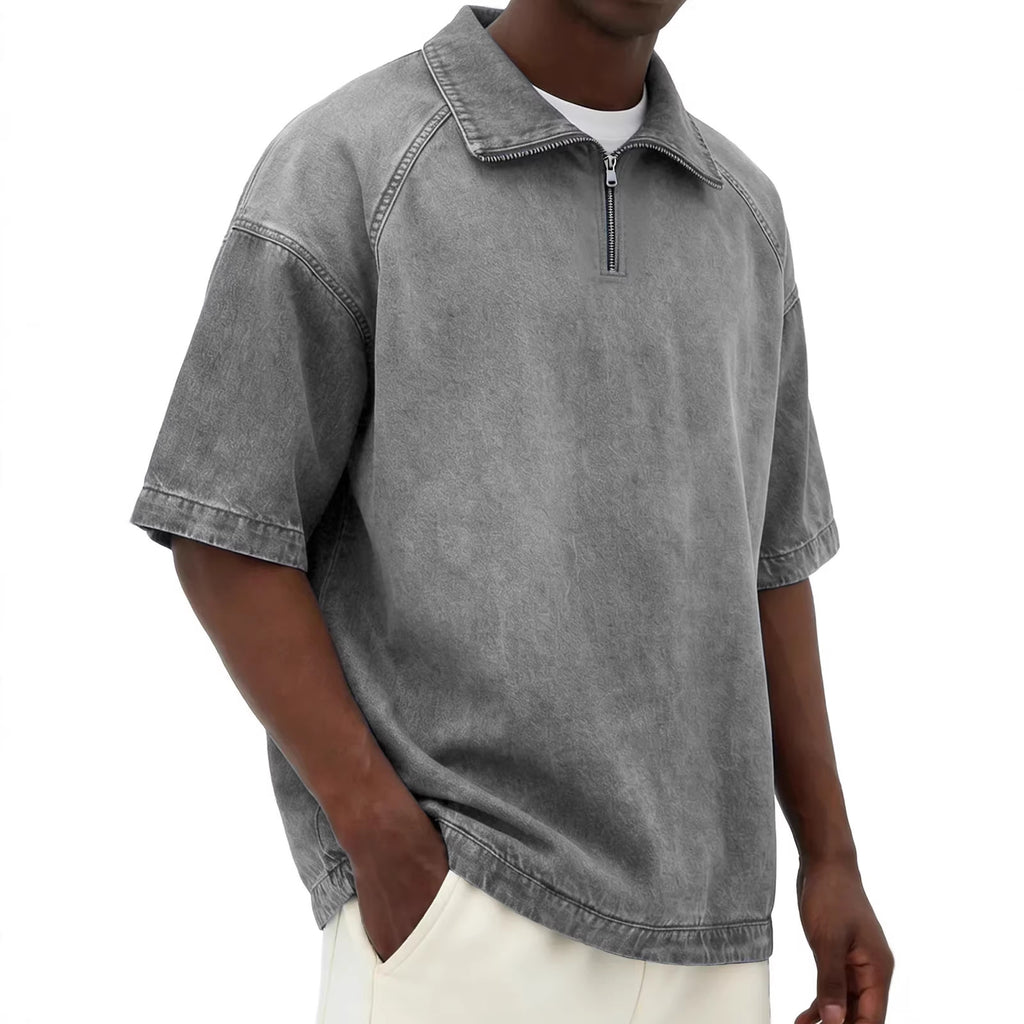 Short-sleeve Lapel Zip-up Shirt Gray