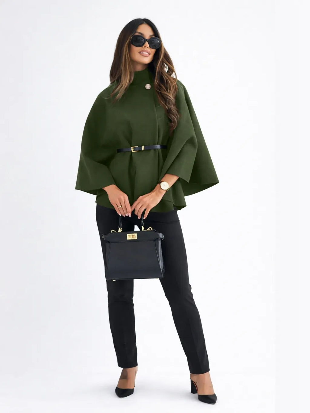 Stand Collar Batwing Sleeves Cloak Top With Belt