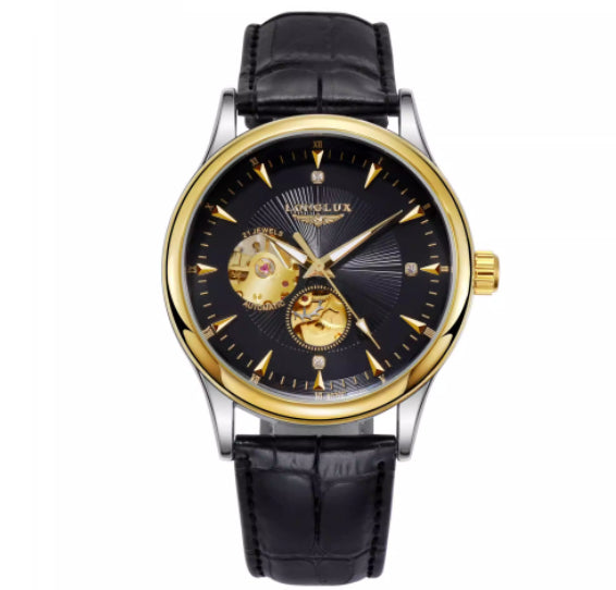 Genuine Leather Waterproof Watch With A Fully Automatic Mechanical Movement Gold plated case black dial