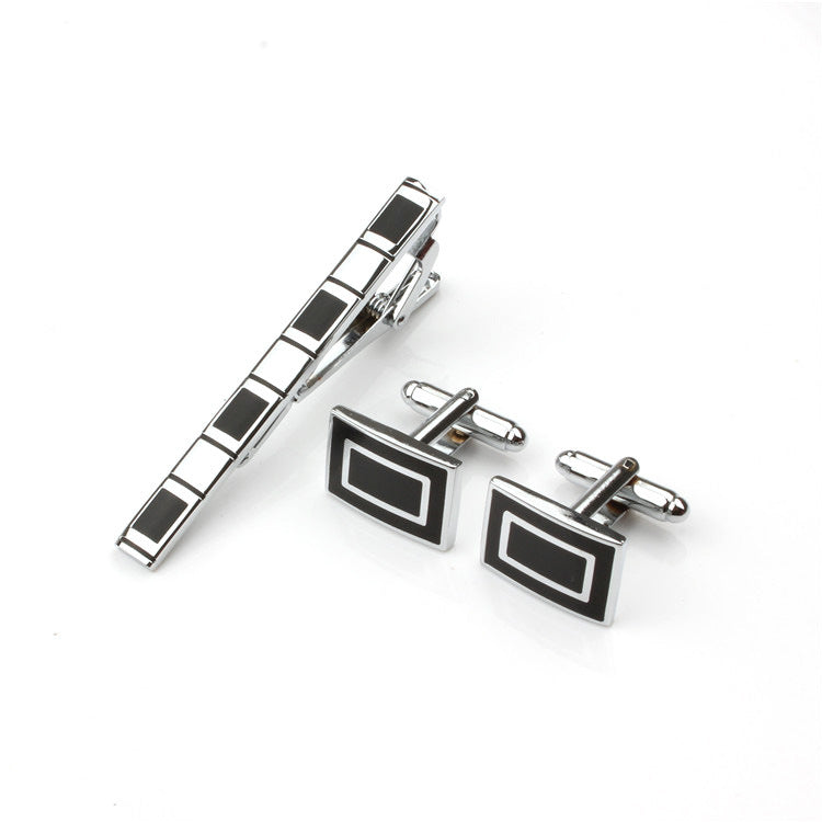 Men's Business Formal Enamel Tie Clip Set Cufflink Set Silver