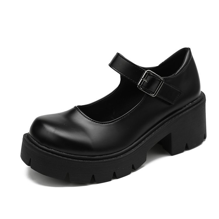 Thick Heel Thick-Soled Leather Shoes Black