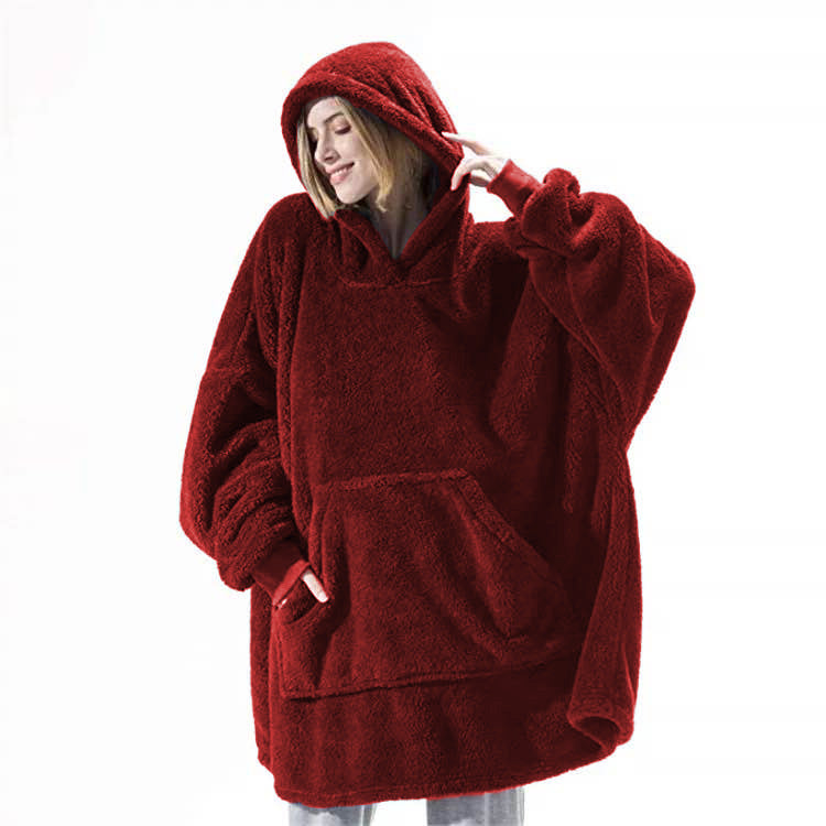 Hoodie Sweatshirt With Big Pocket Wearable Blanket Wine Red One size