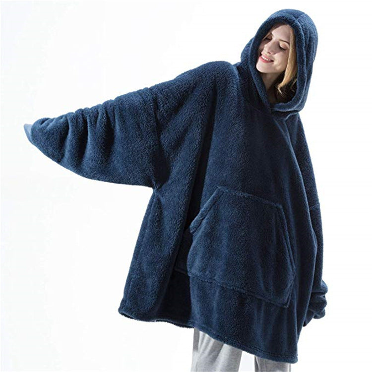 Hoodie Sweatshirt With Big Pocket Wearable Blanket Navy Blue One size