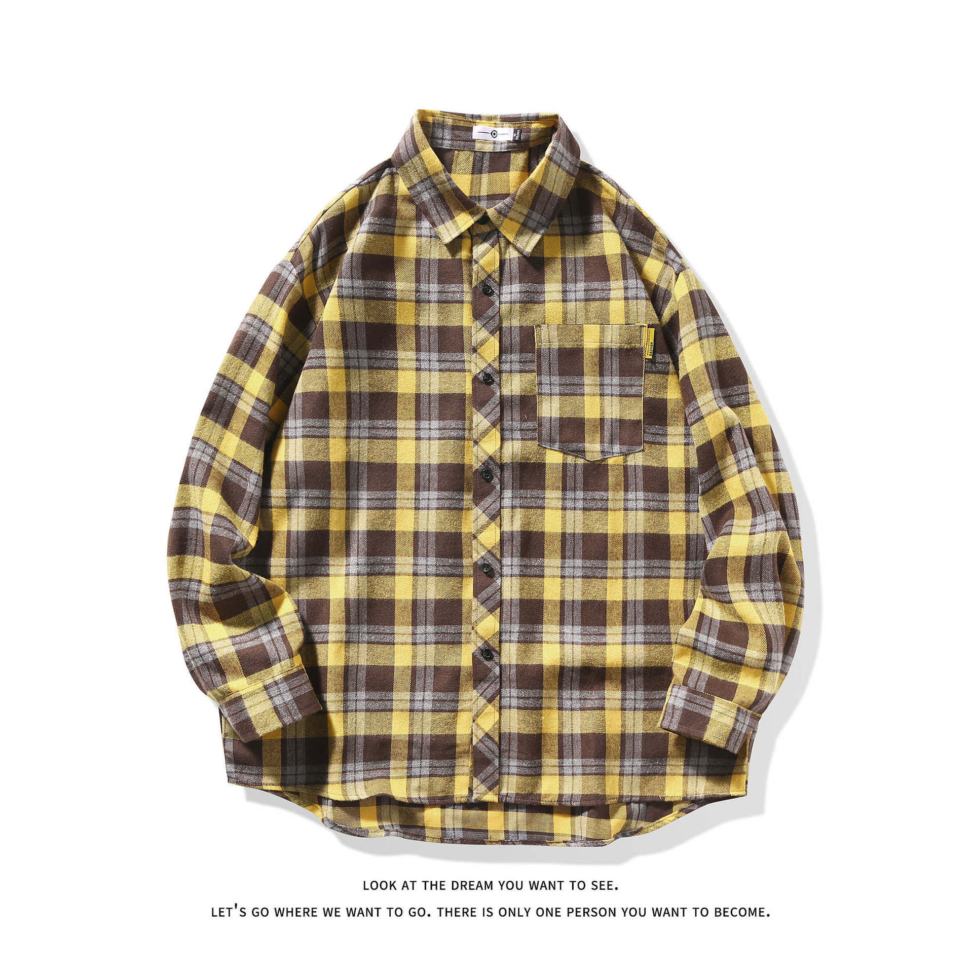 Loose-fitting Casual Plaid Shirt Yellow Coffee Plaid