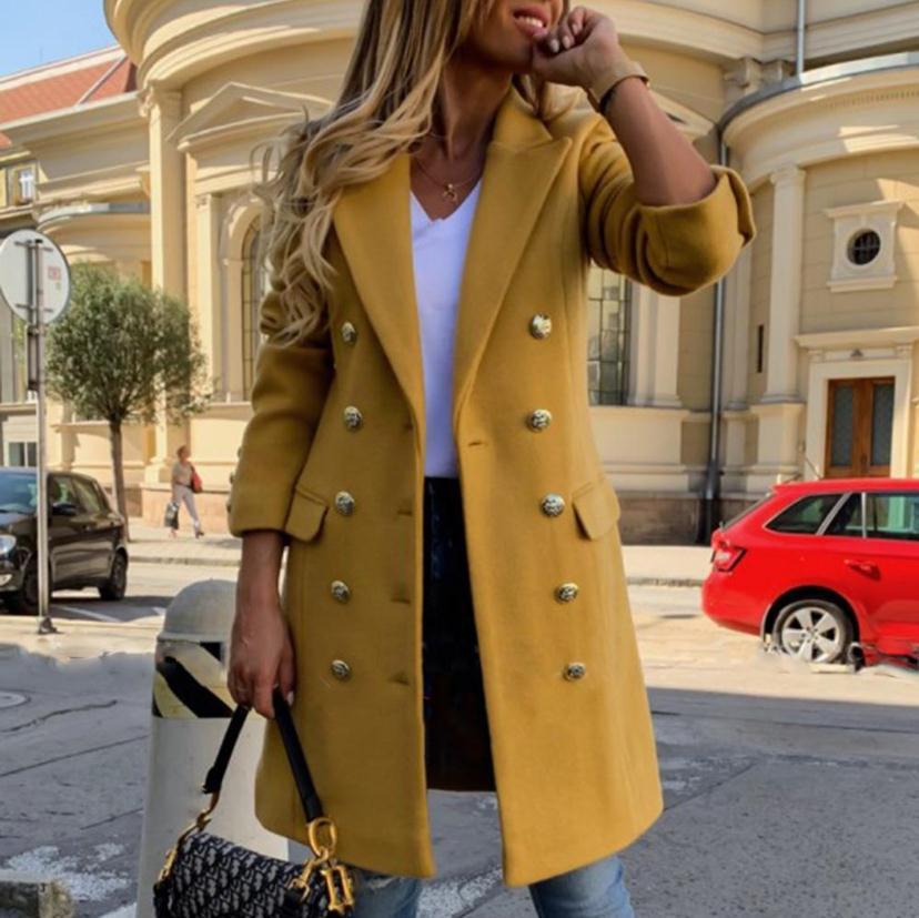 Woolen Lapel Jacket With Double-breasted Yellow