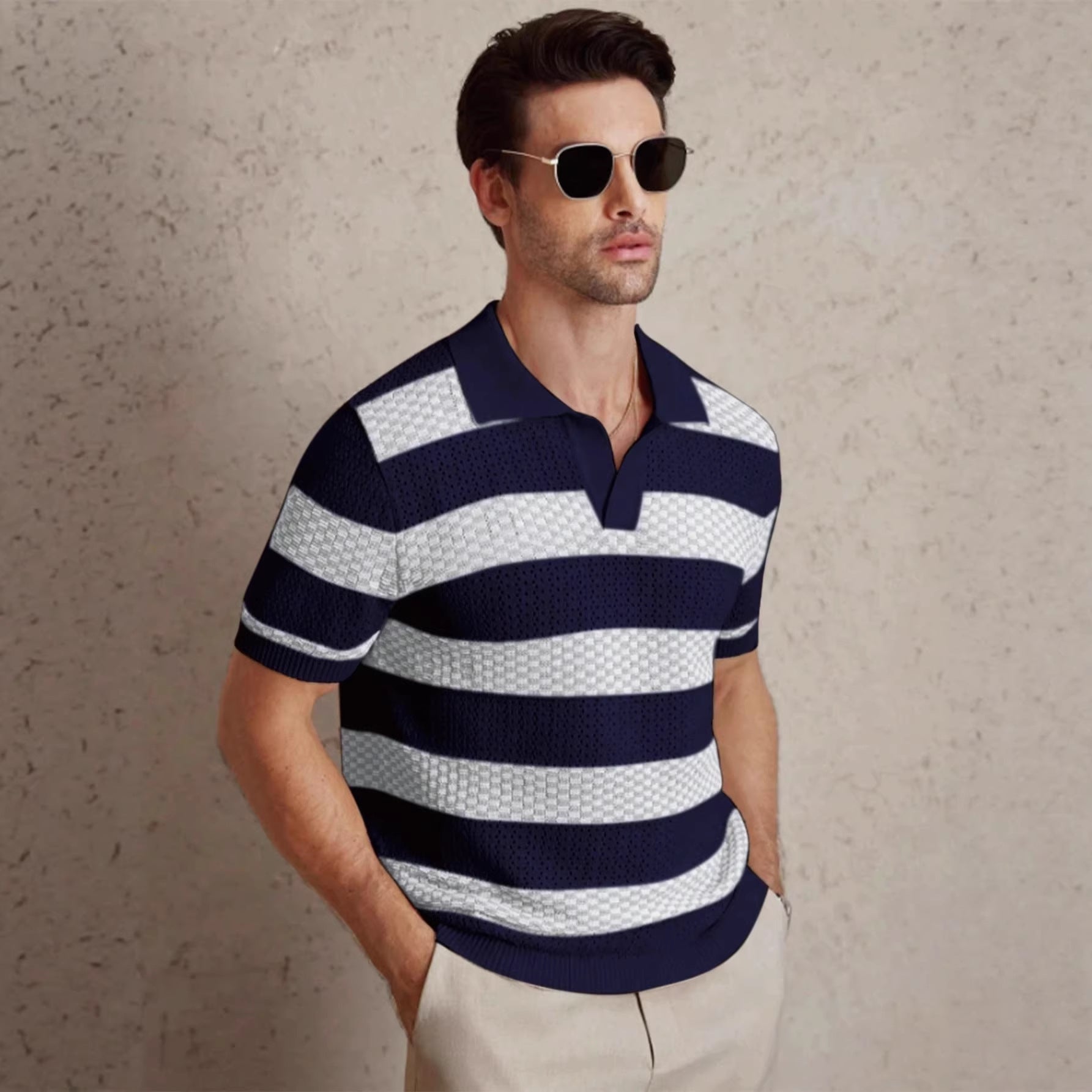 Striped Knitted Polo Shirt Blue