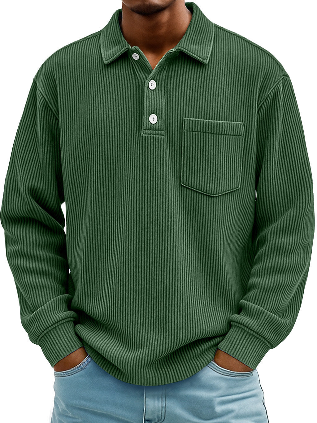 Polo Shirt Casual Corduroy-Striped Dark Green