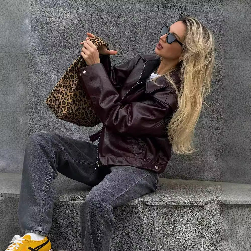 Zipper Jacket - Casual Long Sleeve Leather Coat