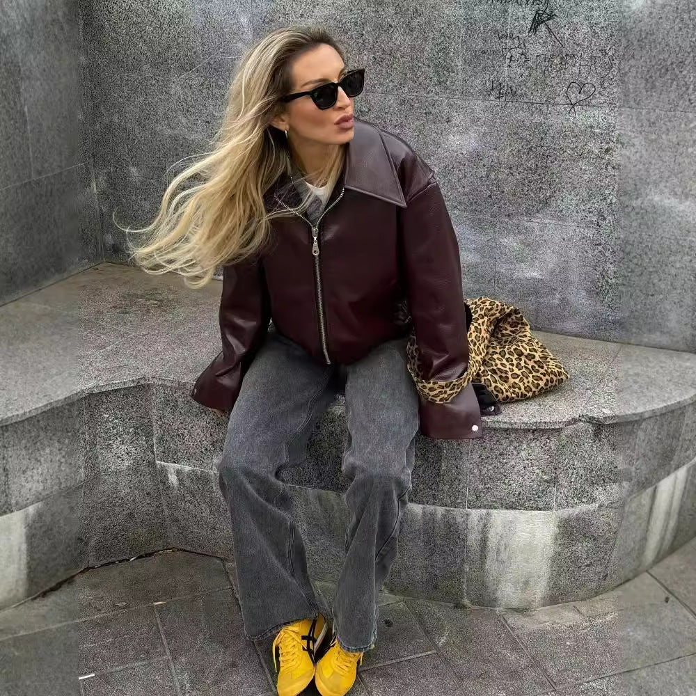 Zipper Jacket - Casual Long Sleeve Leather Coat