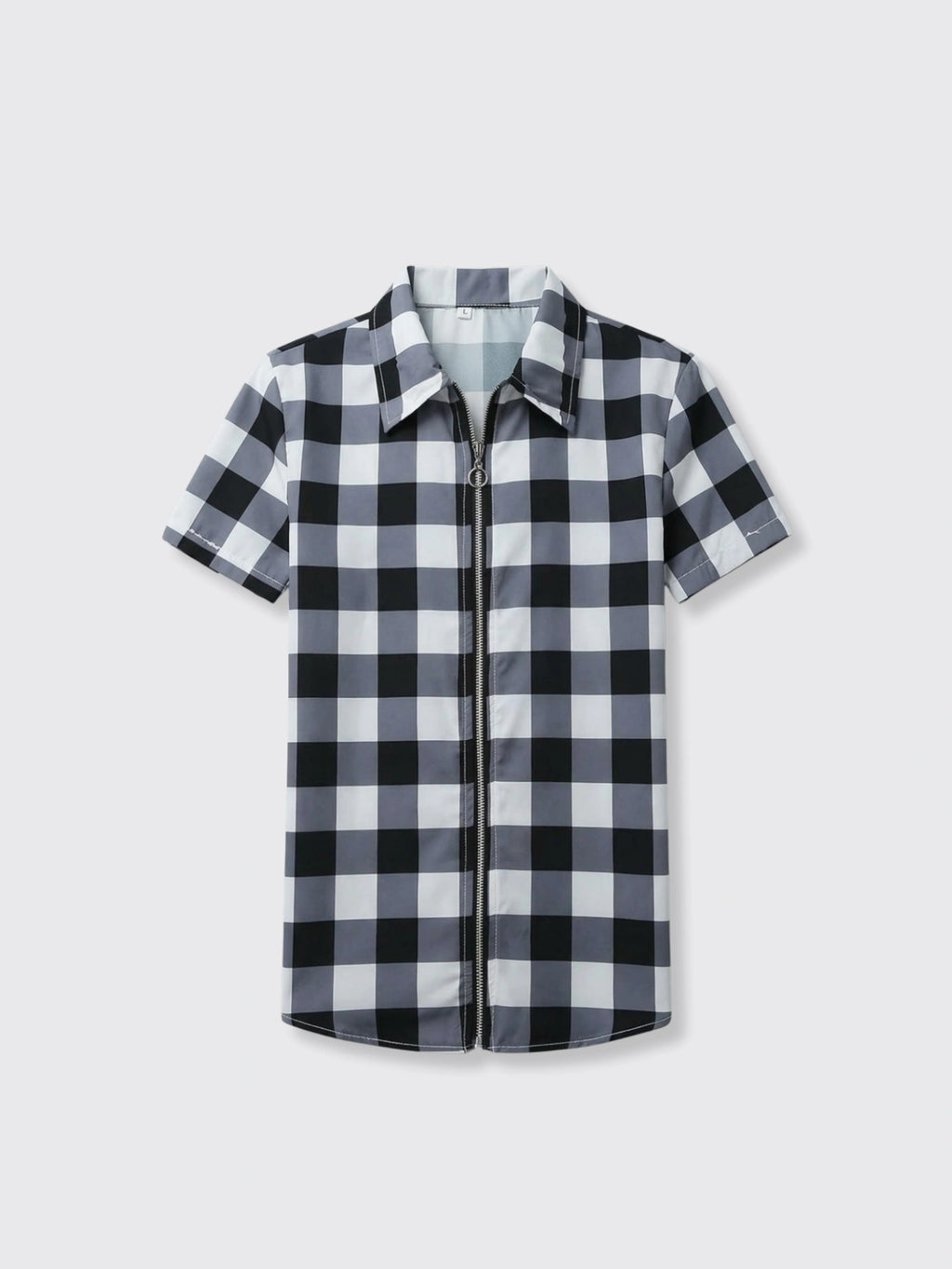 Plaid Zipper Short Sleeve Shirt Grey 2XL