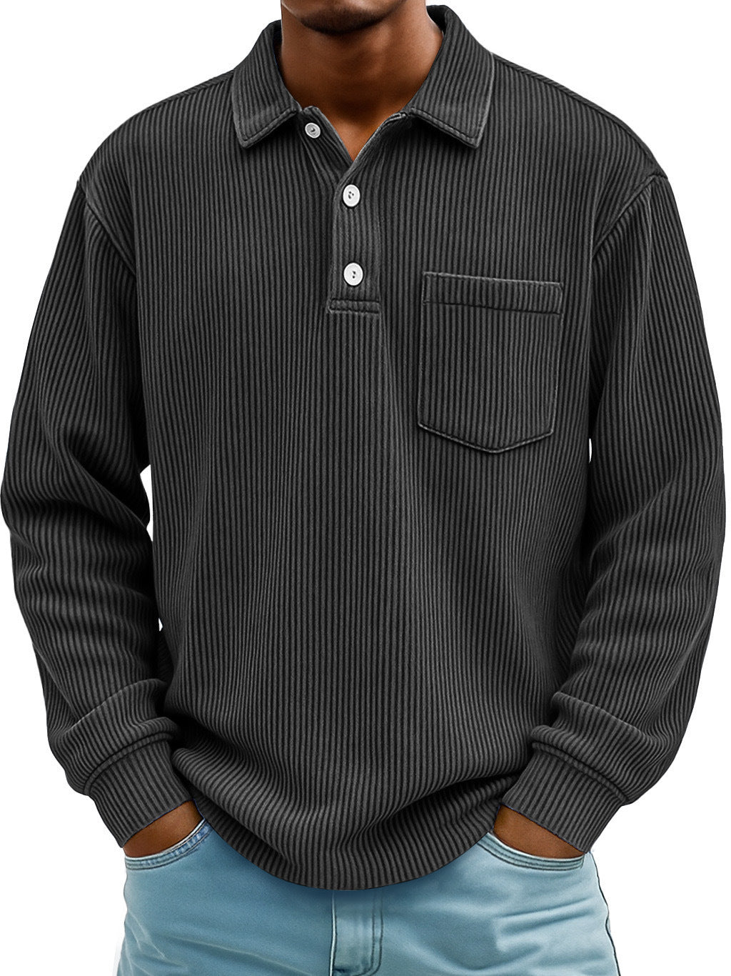 Polo Shirt Casual Corduroy-Striped Black