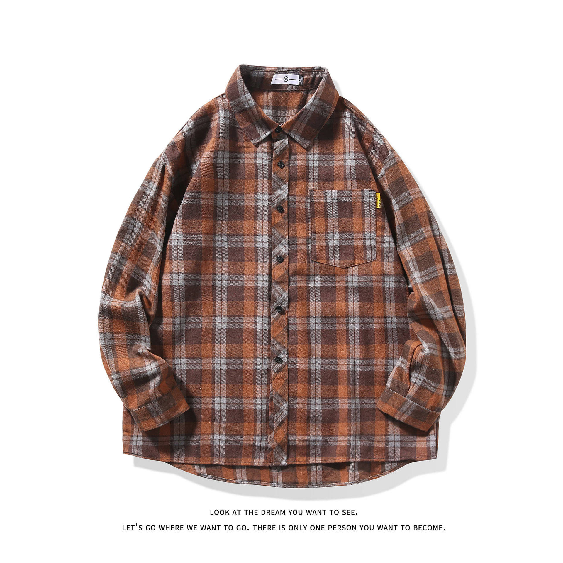 Loose-fitting Casual Plaid Shirt Coffee Gray Plaid