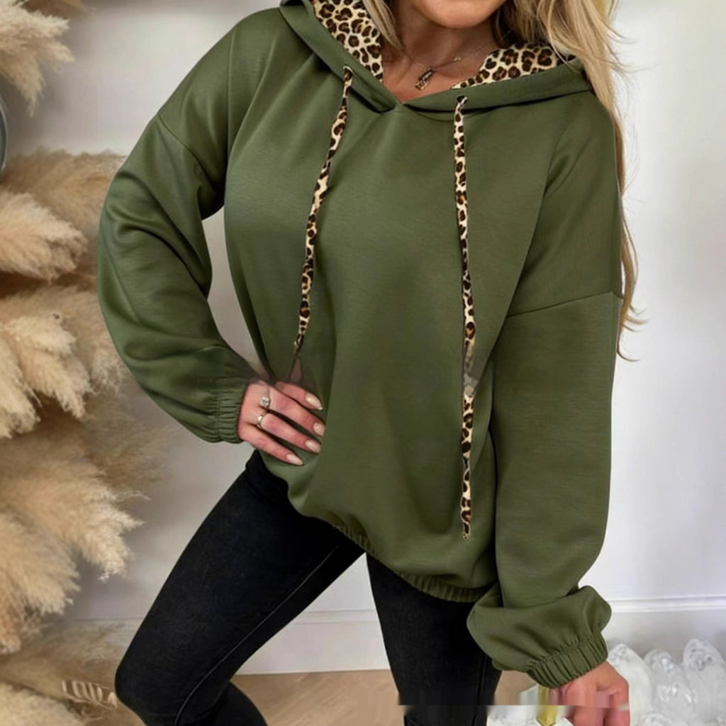 Leopard-print Patchwork Hooded Long-sleeve Sweatshirt Army Green
