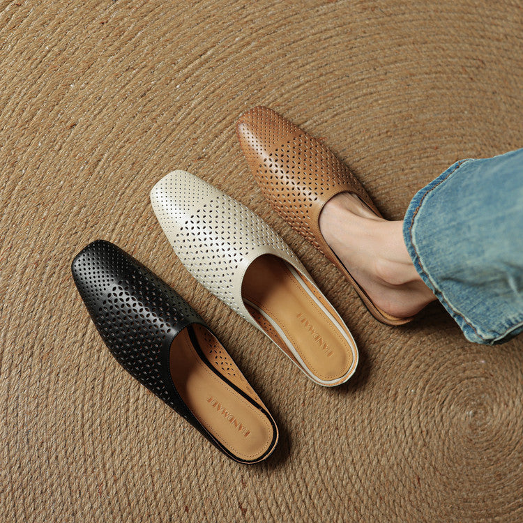Full-Grain Leather Closed-Toe Half Slippers