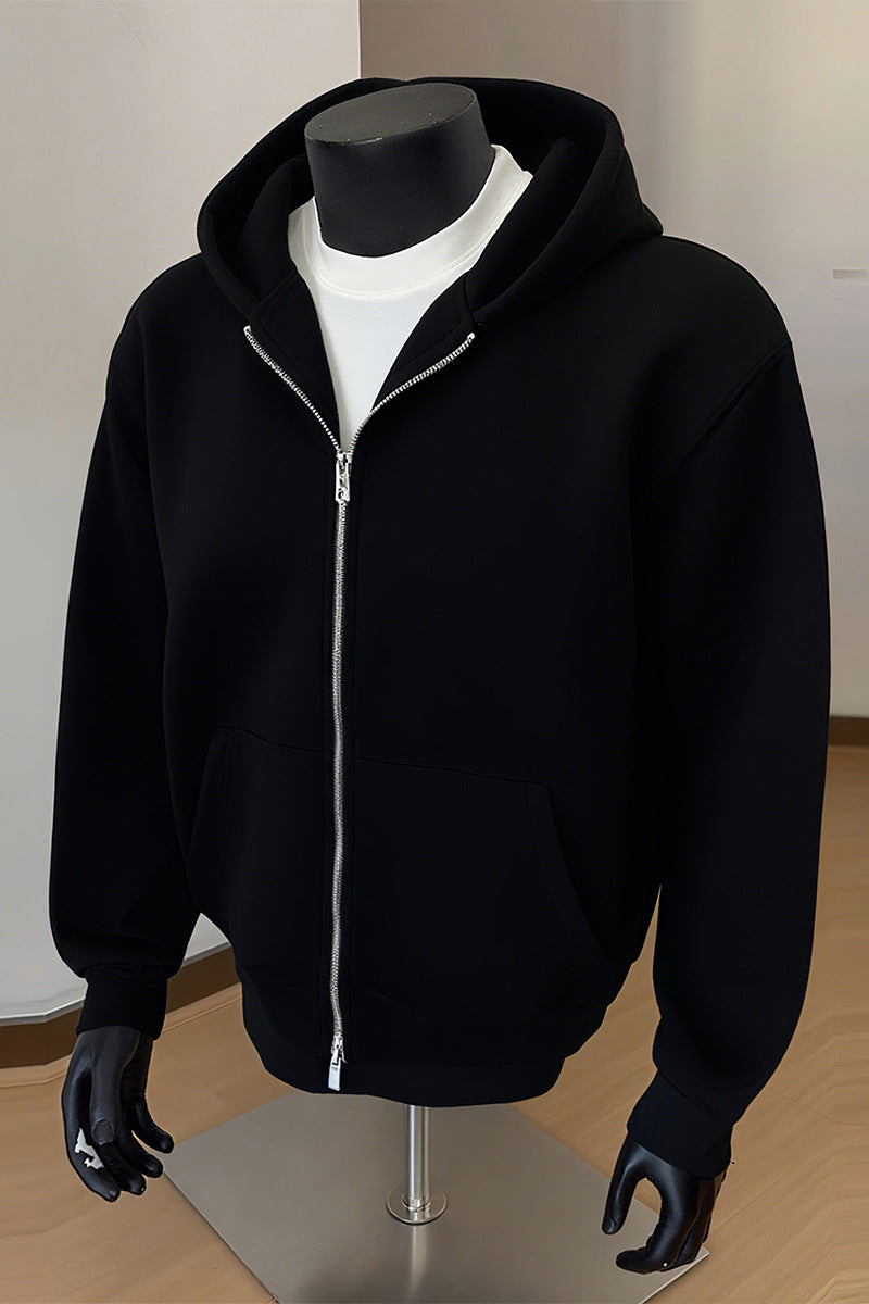 Mens Solid-Color Cardigan Hoodie With Double-Zipper Closure