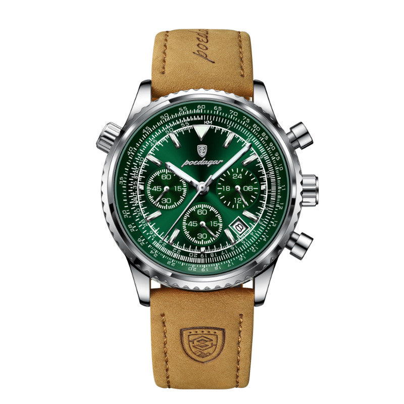 Quartz Wristwatch Waterproof Watch Mens Silver case green dial leather
