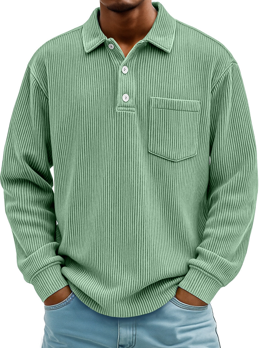 Polo Shirt Casual Corduroy-Striped Light Green