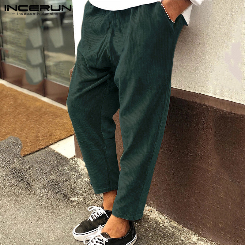 Winter Men Corduroy Pants Streetwear Joggers Green