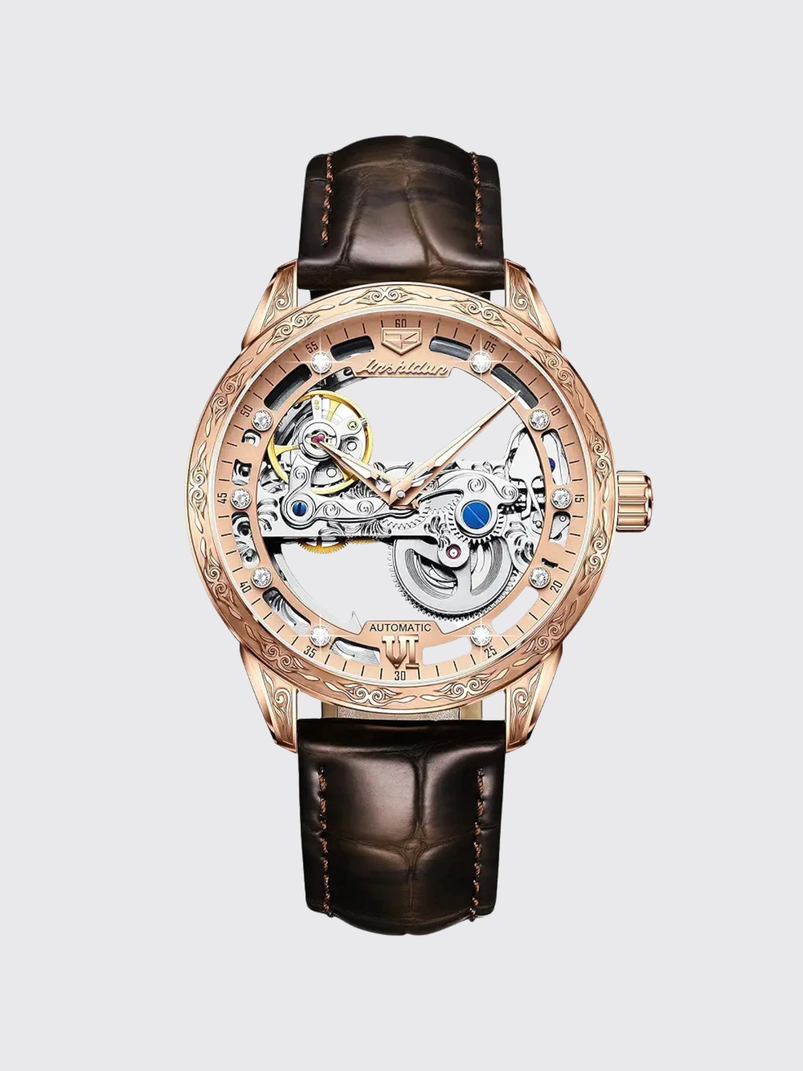 Openwork Mechanical Watch With Waterproof Leather Strap