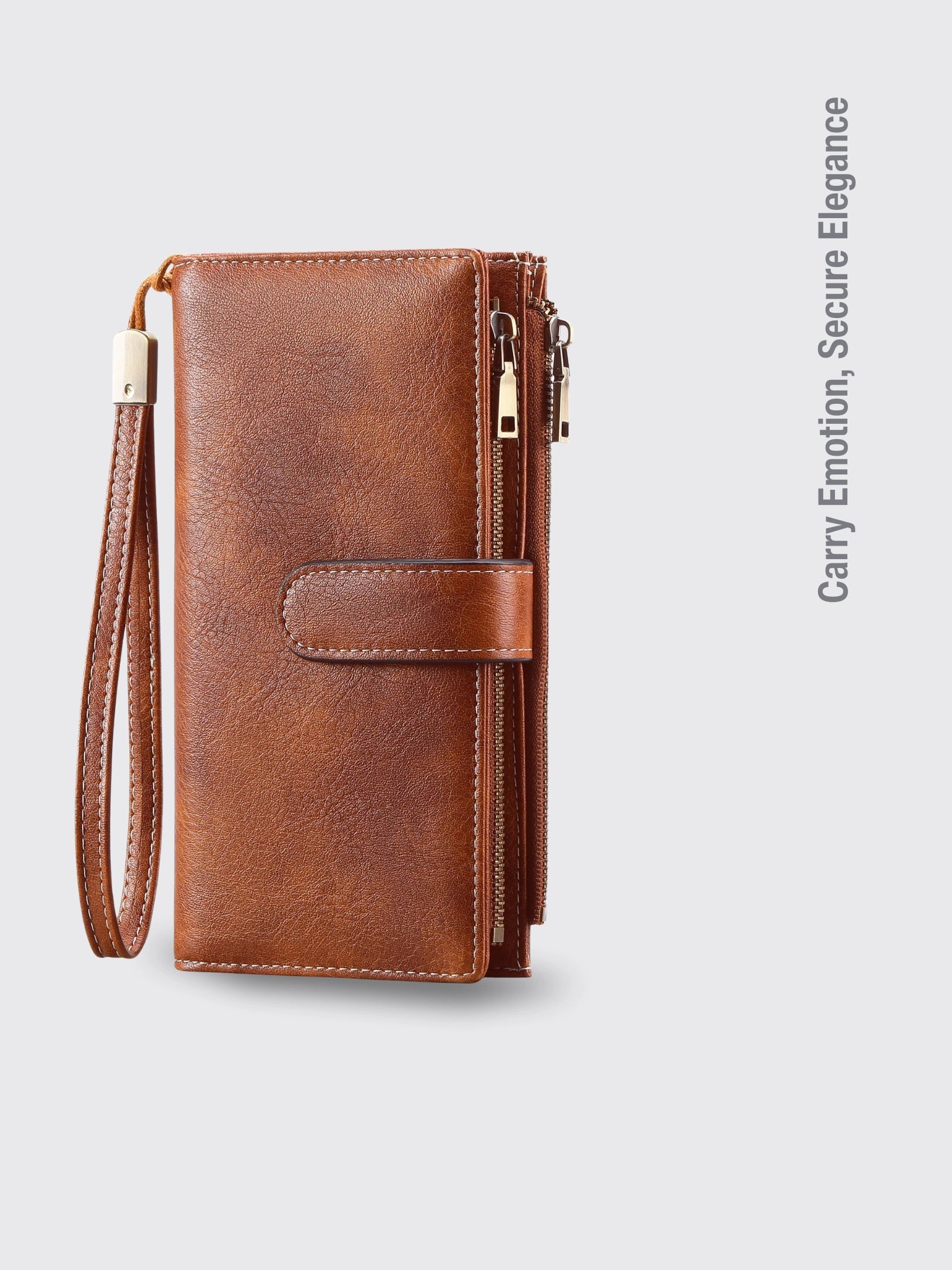 Womens Long Wallet Multi-functional Vintage Tri-fold Purse Light Brown
