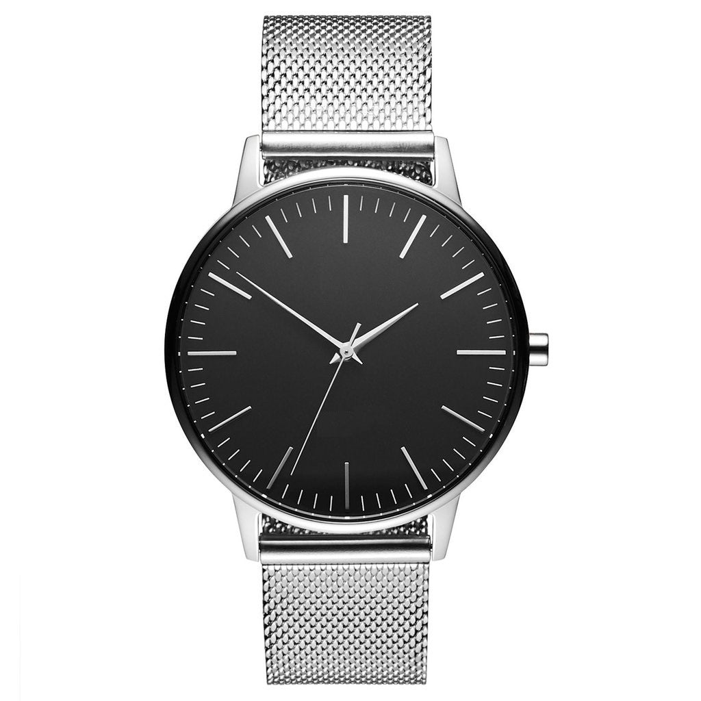 Casual Ultra-thin Fashion Quartz Watch With A Metal Mesh Band Silver Case Black Noodles