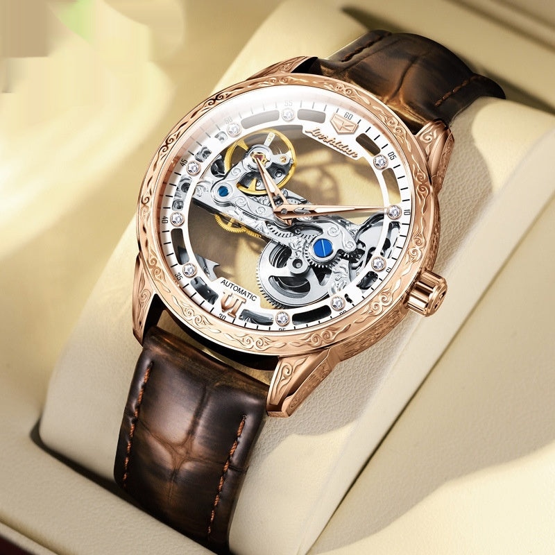 Openwork Mechanical Watch With Waterproof Leather Strap Brown Leather Rose Shell