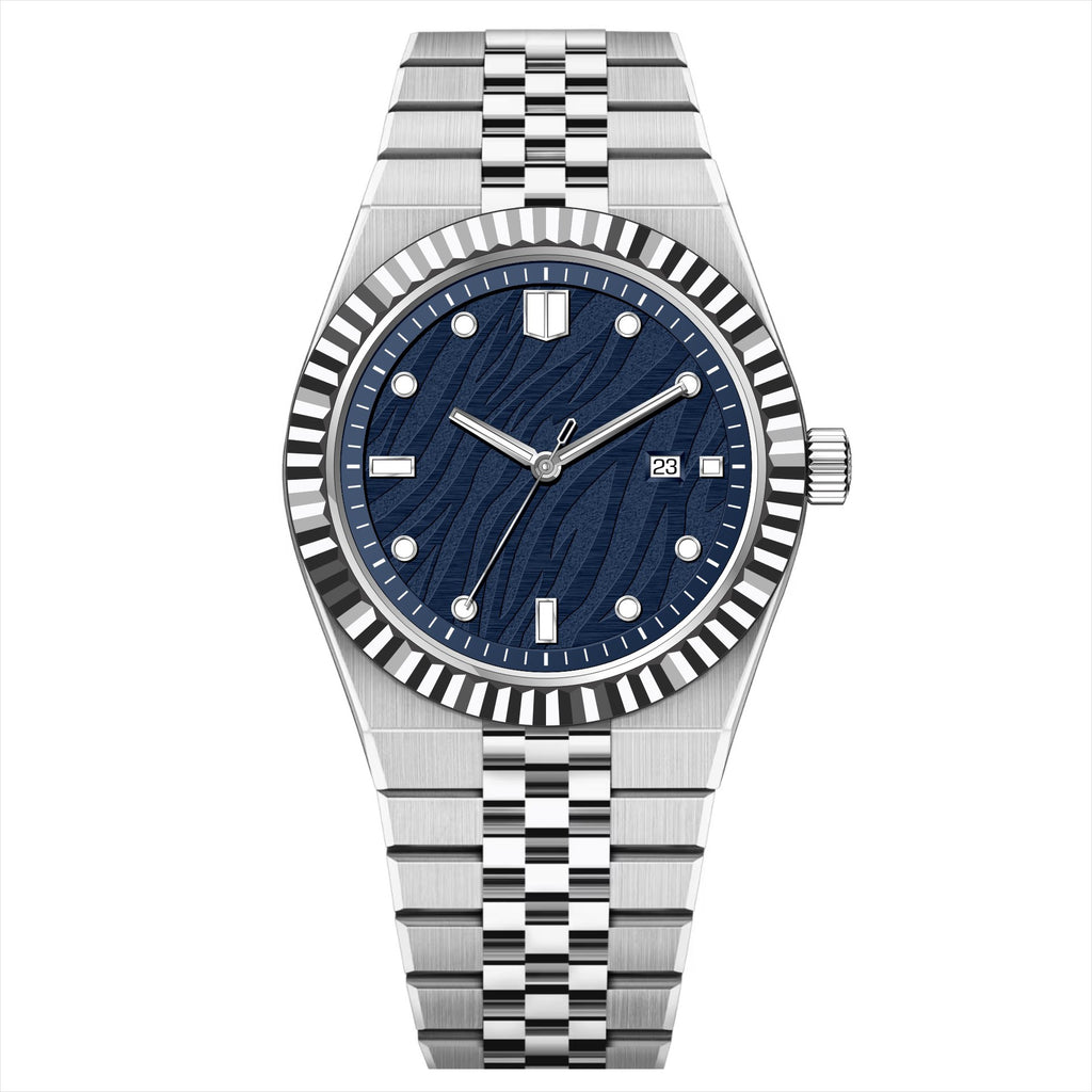 High-End Business Steel-Strap Quartz Watch Silver Blue Face