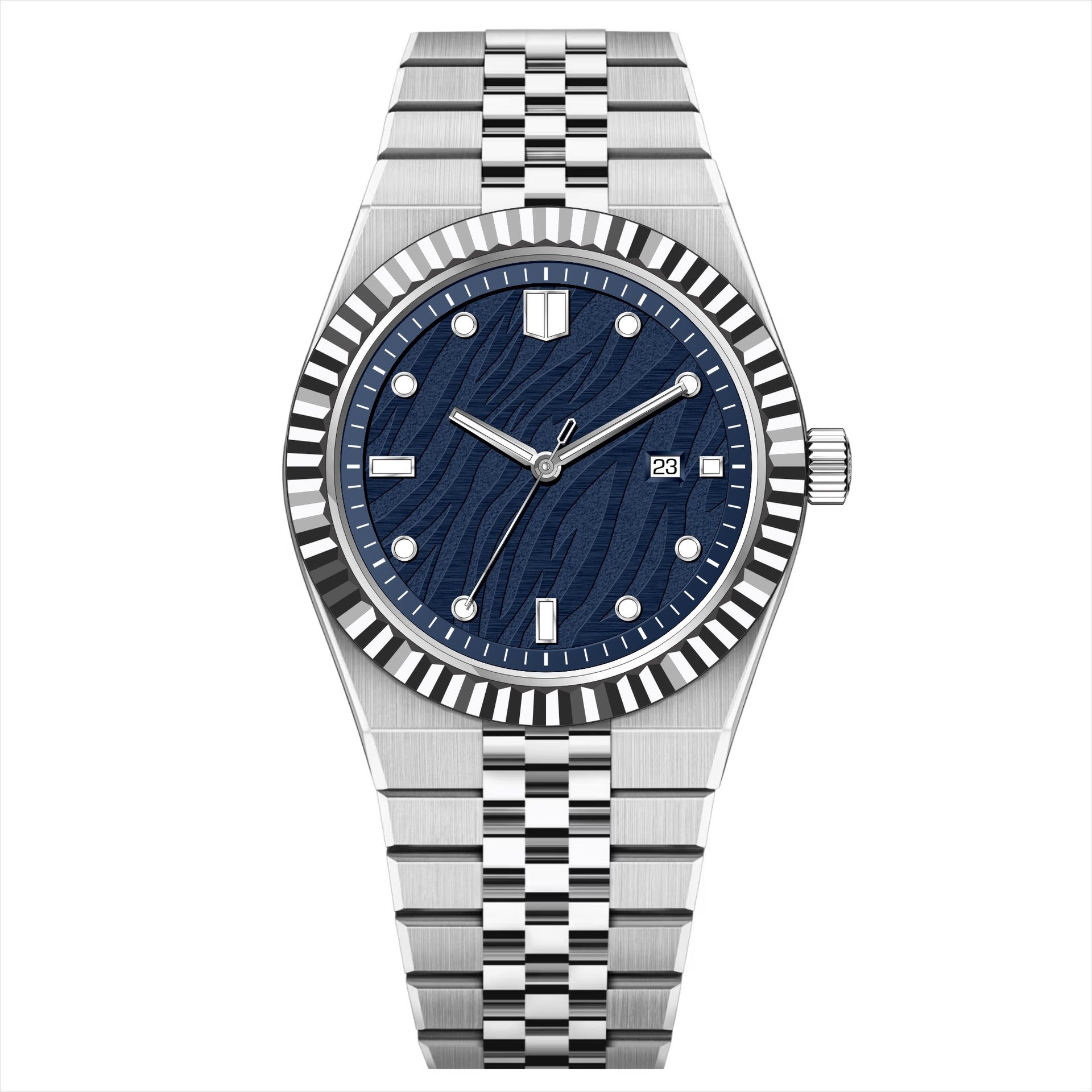 High-End Business Steel-Strap Quartz Watch Silver Blue Face