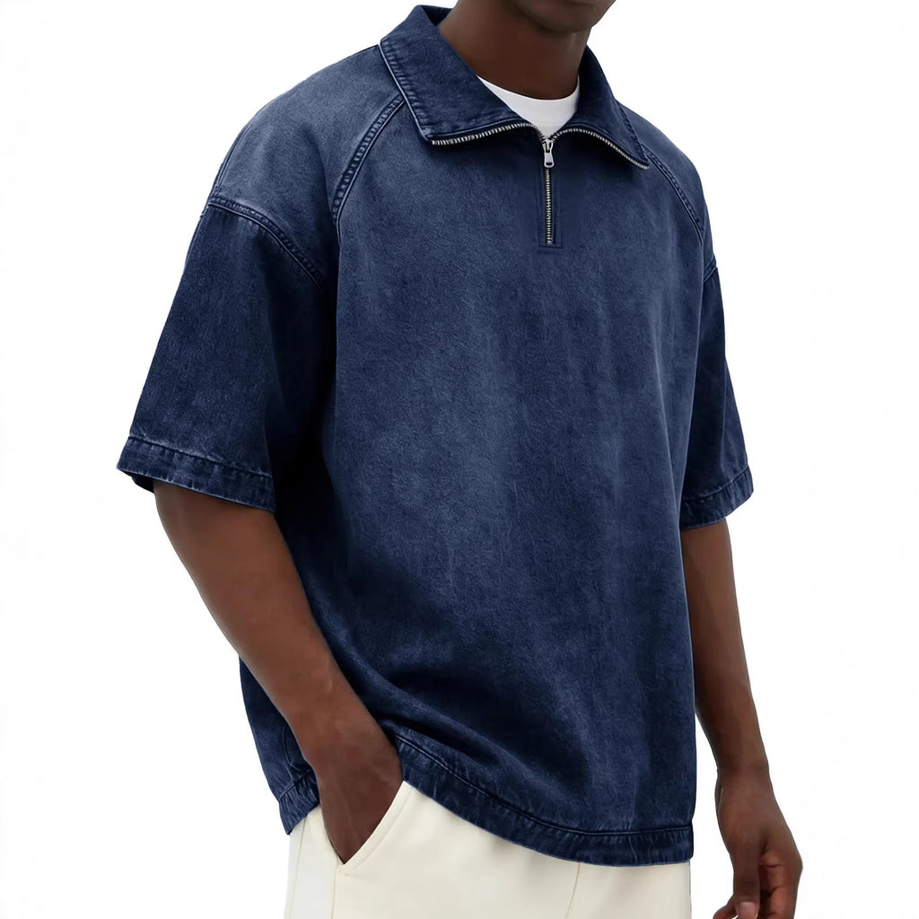 Short-sleeve Lapel Zip-up Shirt Dark Blue