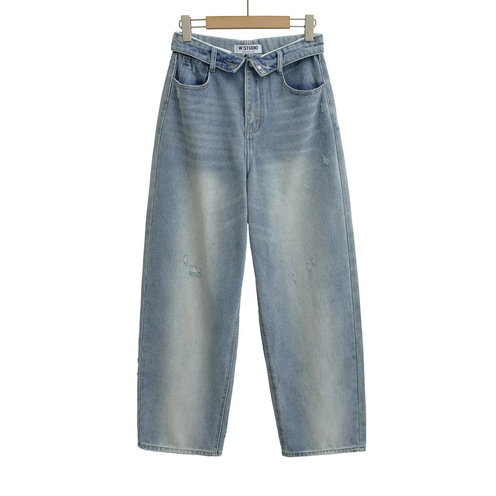 Wide-leg Pants With A Curled Hem Light Blue