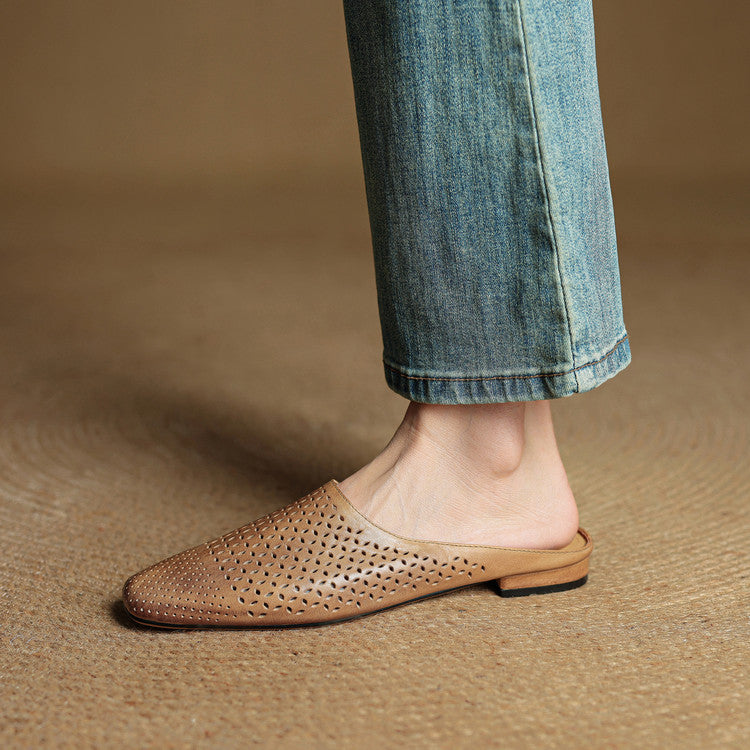 Full-Grain Leather Closed-Toe Half Slippers