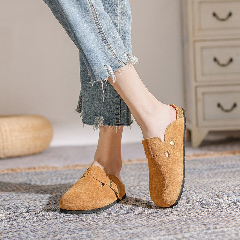 Leather French Retro Closed Toe Half Slippers Maroon