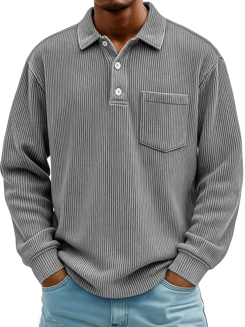 Polo Shirt Casual Corduroy-Striped Gray