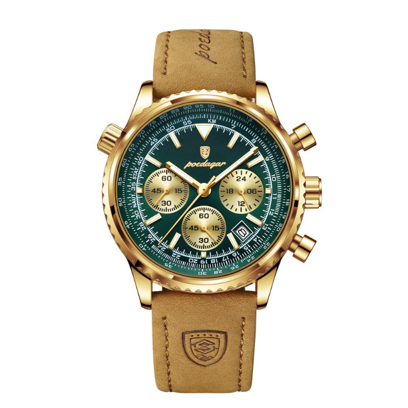 Quartz Wristwatch Waterproof Watch Mens Gold case green dial leather