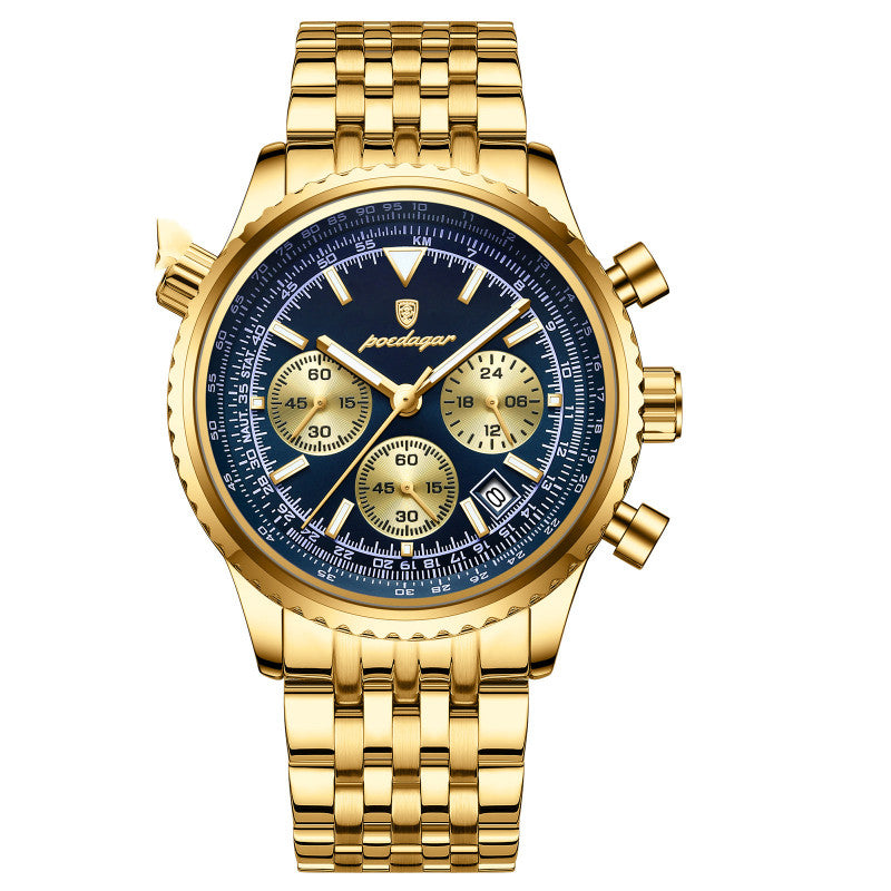Quartz Wristwatch Waterproof Watch Mens Gold case blue dial steel