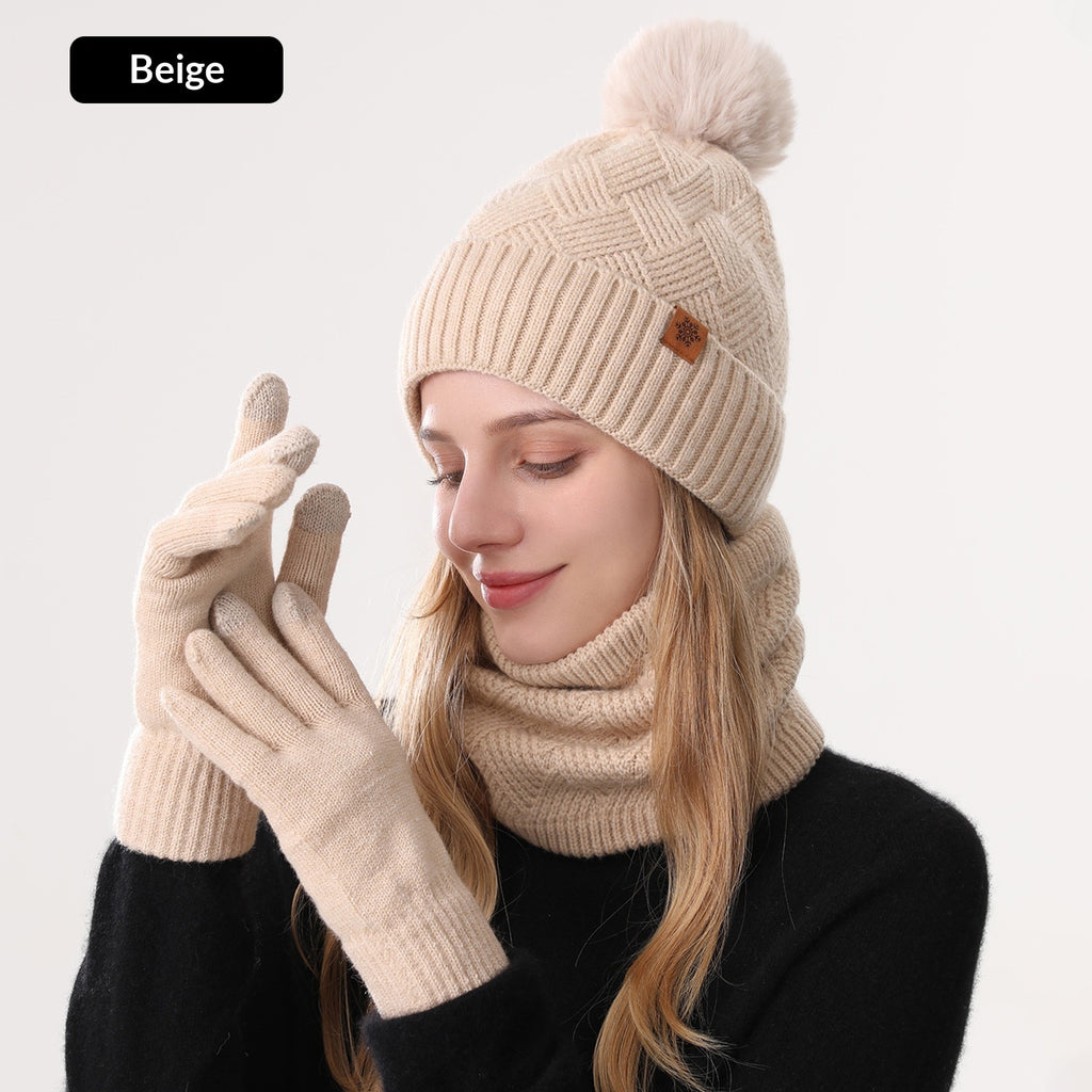 Ladies' Knitted Outdoor Warm Knitted Hat Scarf And Gloves Three-Piece Set Beige